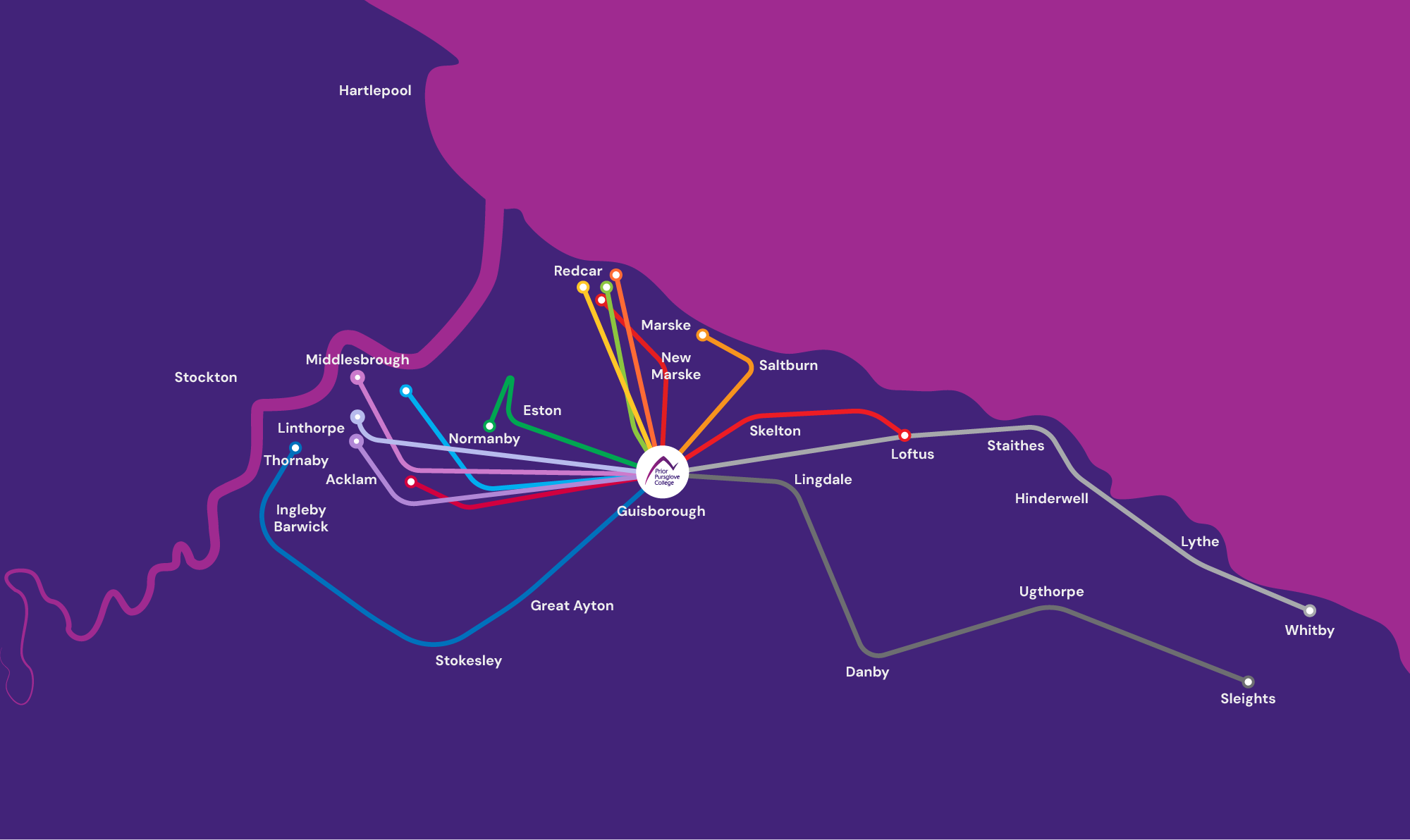 Route map of the college bus network, with services running into Guisborough from Stockton, Middlesbrough, Redcar, Saltburn, Loftus, Stokesley, Great Ayton, Danby and Whitby