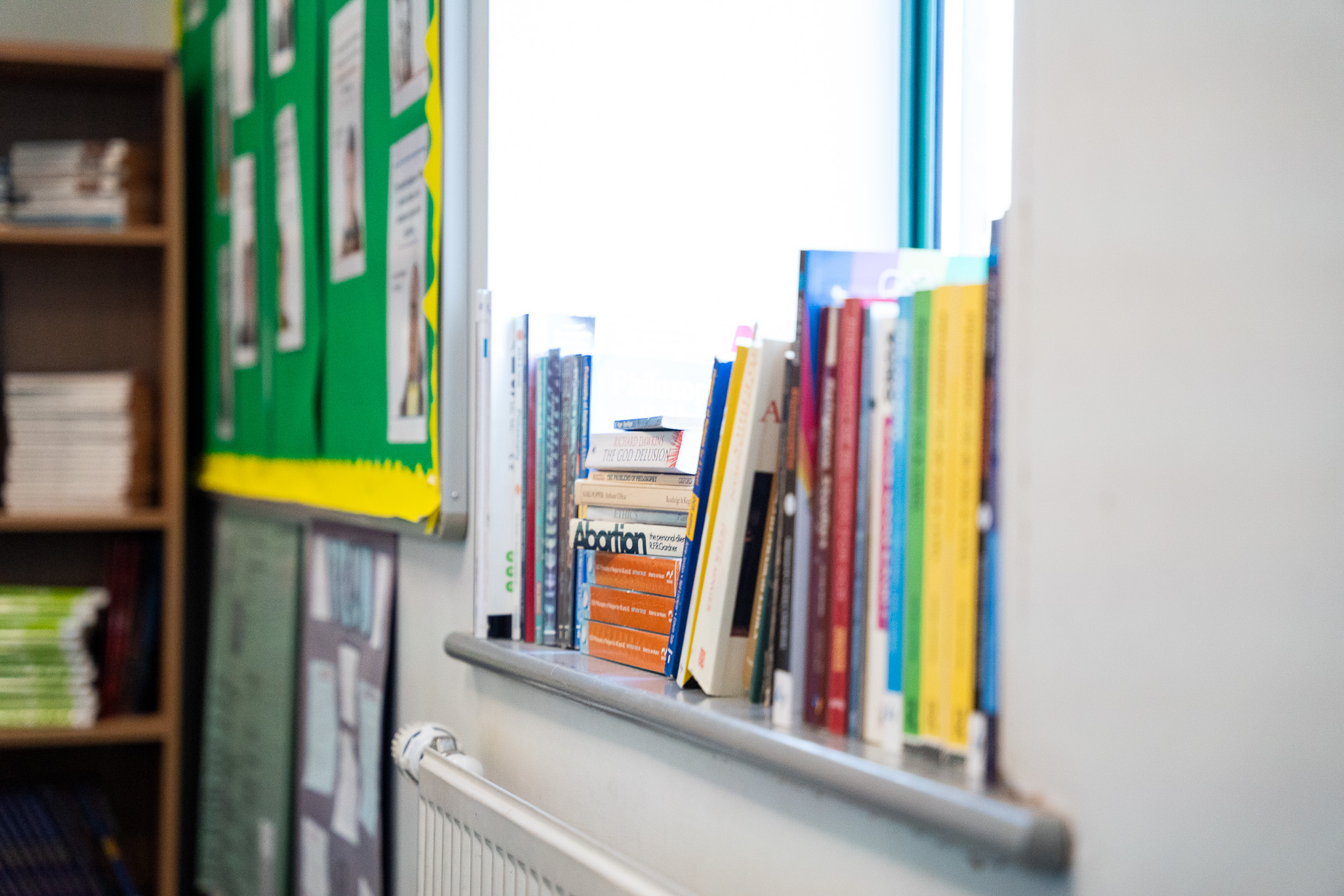 Books lined up along a sunlit classroom windowsill